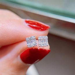 Sparkling Sweet Cut Fine Jewelry Real 925 Sterling Silver t Princess White Topaz Cz Diamond Gemstones Women Wedding Stud Earring Gift