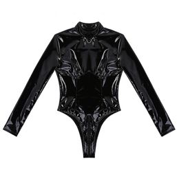 Women Leather Jumpsuit Latex Bodysuit Overalls Ladies Wetlook Swimsuit For Gymnastics Double Zipper Night Club Sleeping Leotard1295f