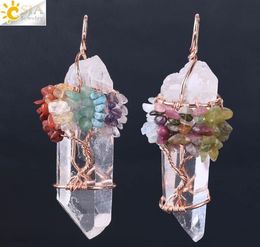 Men Big Gemstone Pendant Women Natural White Crystal Quartz 7 Chakra Tree of Life Rose Gold Handmade Wire Wrapped Necklace Charms GD426