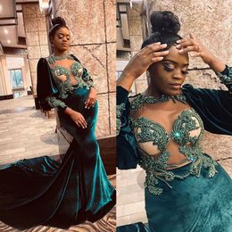 Hunter Green Beaded Mermaid Prom Dresses Sheer Bateau Neck Long Sleeves Evening Gowns Sweep Train Plus Size Velvet Formal Dress