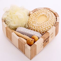 Promotional wood heart-shaped Gift box 6pcs bath accessory Sisal sponge /comb Wooden/ Massage Brush/ spa/Bath Gift lxj047