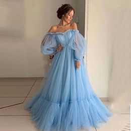 Sexy Light Sky Blue Prom Dresses Long Sleeve Off the Shoulder Princess Dress Tulle Lace-up Formal Evening Party Dresses Plus Size