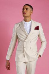 Fashion Beige Groom Tuxedos Double-Breasted Popular Groomsmen Wedding Tuxedos Men Formal Blazer Prom Jacket Suit(Jacket+Pants+Tie)621