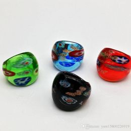 8PCS Mix Colours Chinese Style Jewellery Lampwork Glass Murano Rings 17-19mm Green Blue Black Red Flower