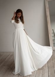 2020 A-line Crepe Abito da sposa modesto maniche lunghe Pockest Sweep Train Semplice elegante informale Boho Abiti da sposa maniche personalizzate M275k