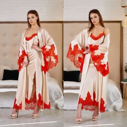 Two Piece Women BathRobes Long Sleeve Satin Silk Bridal Robe Women Lingerie Nightgown Pajamas Sleepwear Ankle Length Cheap