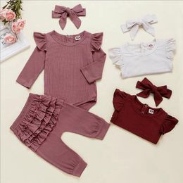 Baby Girl Одежда для новорожденных девочек Летающие Рукав Rompers Ruffle Брюки оголовье 3шт Наборы Твердая Новорожденные Эпикировка Boutique Детская одежда DW4860