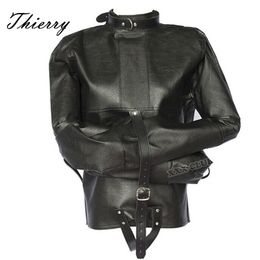 Thierry adult game SM Products pu Leather Bondage Jacket with Long Sleeves, Fetish restraint straitjacket Sex Toys For Couple CX200718