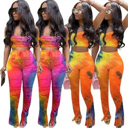 Plus size 2XL Summer women trendy tie dye two piece set designer outfits sexy sleeveless slip tank top crop top stack leggings boot cut 3555