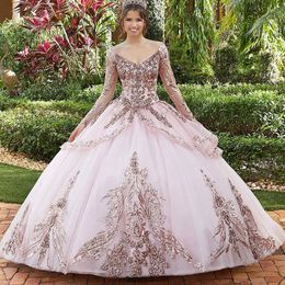Purple Long Sleeves Quinceanera Dresses with Sequin Applqiues V Neck Sweet 16 Party Gowns vestidos de 15 anos Dress