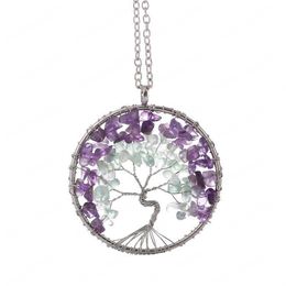 Womens Lively Life Tree Jewellery Necklace Natural Small Light Gree nand Purple Stone Necklace with Metal Chain