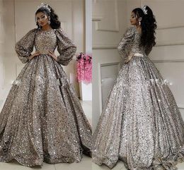 Arabic Aso Ebi Sparkling Sliver Sequined Evening Dresses 2021 Long Sleeves Jewel Neck Prom Dress Plus Size Dubai Formal Party Gowns AL6750
