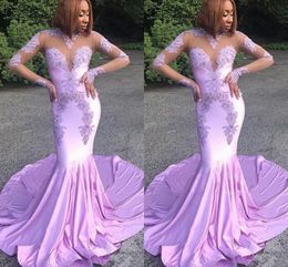 New Light Purple Long Sleeve Mermaid Prom Dresses Sheer Neck Lace Applique Beading Sweep Strain Formal Dresses Evening Party Gowns Wear