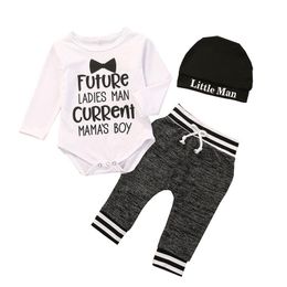 Kids Boys Clothing Sets Long Sleeve Letter Print Romper + Pants + Hat 3pcs/set Autumn Baby Outfits Fashion Infants Clothes
