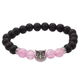 High Quality Handmade Antique Silver Plated Alloy Owl Charm 8MM Smooth Lava Stone Beads Bracelets for Sale
