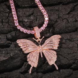 2021 New Fashion Pink Colour Diamond Iced Out Cubic Zirconia Stones Filled Butterfly Pendant Gold Silver Mens Hip Hop Jewellery