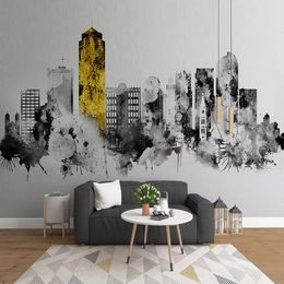 Custom 3D Wallpaper Murals Modern Hand Painted Wall Painting Abstract Water Ink City Building Art Mural Study Living Room Decor