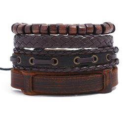 2020 Hot sale Men's genuine leather bracelet DIY PU Wood Bead Wax rope Beading Combination suit Bracelet 4styles/1set