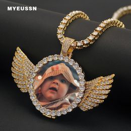 Custom Photo Medallions Copper Angel Wings Pendant/Necklace Men Iced Out Shiny Crystal Cubic Zircon Tennis Chain Hip Hop Jewelry CX200721