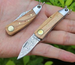 Special Offer Mini Small Damascus EDC Pocket Folding Knife Sweden Damascus Steel Blade Olive wood Handle With Leather Sheath