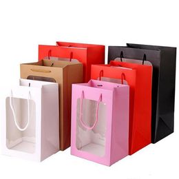 Black Flower paper handbag white Clear PVC Window,palstic window gift paper bag , Flower Packing Bag Exhibition bags 100pcs/lot