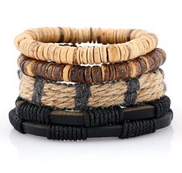 2020 Hot sale Cowhide Bracelet Coconut shell hemp rope Bracelet wooden beads Men's Leather Bracelet size Adjustable 4styles/1set