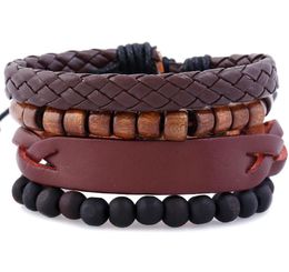 2020 Hot sale Men's genuine leather bracelet DIY PU Antique Snap button Wood Bead Bracelet Combination suit Bracelet 4styles/1set