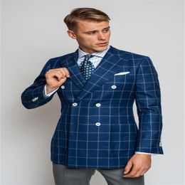 newest handsome 1piece blue coat handsome men suit custom made plaid doublebreasted cotton blend fit slim party formal business suit
