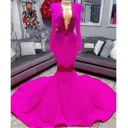 Fuchsia Mermaid Evening Dresses With Deep V Neck Feathers Lace Appliques Full Sleves Prom Dress Arabic abiti da cerimonia Party Vestidos