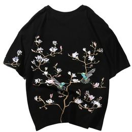 Hip Hop T-Shirt Men Streetwear Harajuku T-shirt Embroidery Floral Magpie Summer Short Sleeve T-Shirt Cotton Japanese Style