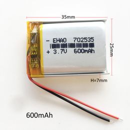 3.7V 600mAh 702535 Lithium Polymer LiPo cells Rechargeable Battery power For Mp3 headphone DVD GPS mobile phone Camera psp