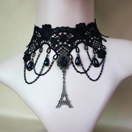 2020 European And American New Black Lace Handmade Retro Paris Tower French Style Necklace Foreign Trade Female Jewellery Wholesale