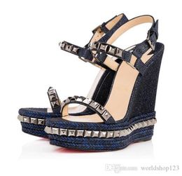 Designer schuhe für frauen wedge sandalen rote sohle high heels dame sandal heels jeans sandalie wedges hochzeitsparty geschenk farbe-blau schwarz