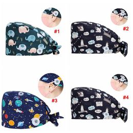 Cotton Beanie hat cartoon Printed Scrub Cap Adjustable with button for face mask hook buckle women kitchen Party hat