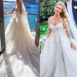 Wedding Dresses Beading Pearls Bridal Gowns Long Sleeves Lace Appliques Crystal Plus Size Elegant Custom Made