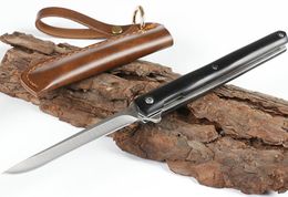Black Flipper Folding Knife 440C Drop Point Satin Blade Wood Handle Ball Bearing Pocket Knives With Leather Sheath