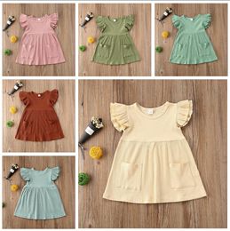 Baby Girls Dresses Kids Solid Fly Sleeve Princess Dresses Pit Striped Casual Knitted Dresses With Pocket A-Line Summer TuTU Dress C7598