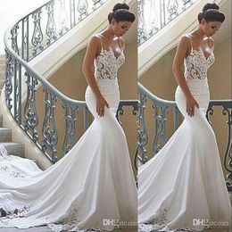 New Cheap Spaghetti Straps Boho Beach Mermaid Wedding Dresses Lace Appliques Sleeveless Court Train Custom Plus Size Formal Bridal Gowns