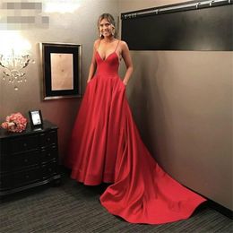 Custom Spaghetti Long Evening Dresses 2020 with Pockets Court Train Backless Plus Size Formal Prom Party Gowns