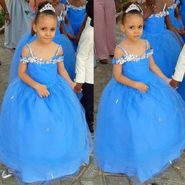 Blue Spaghetti Strap Flower Girls Dresses Lace Appliques Rhinestone Sequined Kids Pageant Dress Puffy Skirt Child Birthday Gowns B105