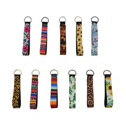 22 Designs Wristband Keychain Party Floral Printed Chain Neoprene Key Ring Wristlet Lanyard Wrist Strap Short Length Hand for Women Girl ID Badge Card Holder