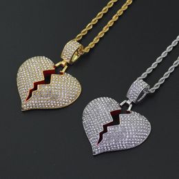 Iced Out Broken Heart Chain Necklace Men Pendant Cuban Link Chain Necklaces Bling Diamond Charm Twisted Chain for Women Hip Hop Jewelry