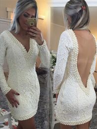 White Short Evening Gowns Pearls Beaded V Neck Sheer Back Prom Dresses Lace Long Sleeves Mini Cocktail Party Dress