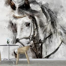 Custom Mural Black And White Hand Painted Horse Art Oil Painting European Style Modern Study Living Room Bedroom Photo Wallpaper