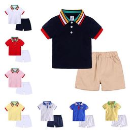 Clothing Sets Toddler Boy Clothes Set Striped Collar Shirts Solid Shorts 2pcs Sets Baby Designer Kids Outfits Summer Kids Clothing LSK429