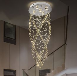 Simple round crystal ceiling lamp duplex staircase length crystal chandelier spiral creative fashion pendant lamp rotating pendant light