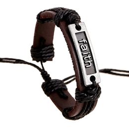 Faith Charm Black Rope Leather Bracelets for Male Cuff Bracelet Braclet Women Braslet Men
