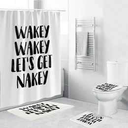 Funny Shower Curtain 'WAKEY WAKEY LET'S GET NAKEY' Bathroom Set 4 Piece Toilet Cover Non-slip Mat For Bathroom Decor T200711