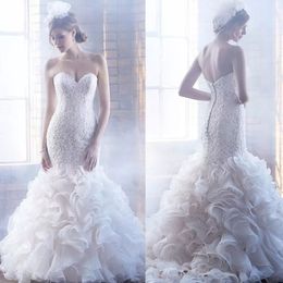 Wedding Dresses Mermaid Sleeveless Sweetheart lace Up Corset Back Bridal Gowns Lace Appliques Plus Size Strapless Ruffles Beading