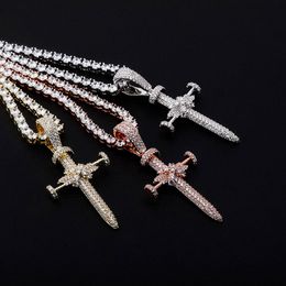 Gold Silver Color Iced Out Bling CZ Nail Cross Pendant Necklace wit Rope Chain For Men Women